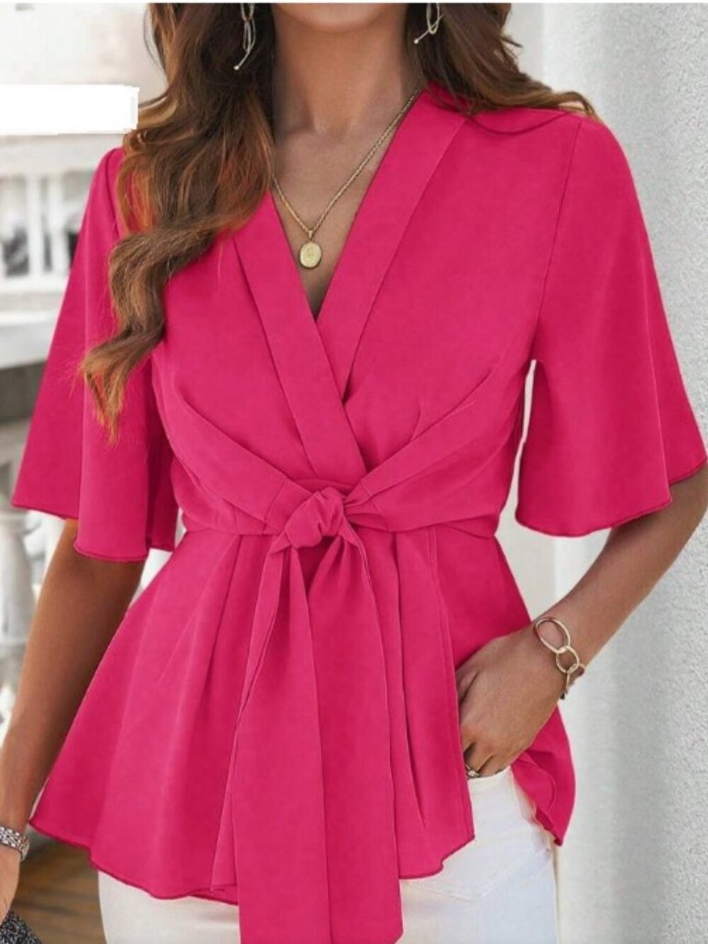 Shein Pink Flounce Sleeve Blouse with Cinching Waist Size L